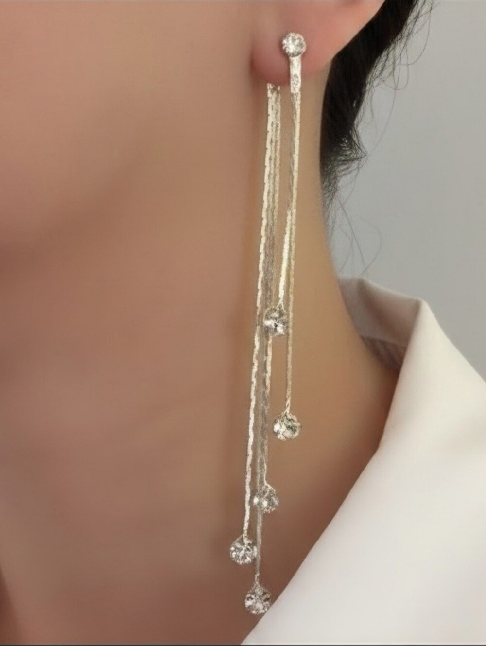 Silver Multi Strand Waterfall Tassel Drop Earrings Rhinestone Cascading Dangles